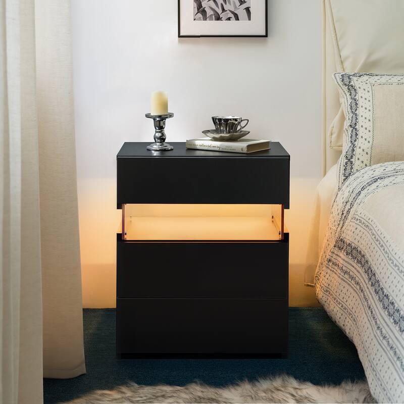 Rossetta Minimalist Stylish Design Nightstand with LED Lights and Storage Drawers - Black