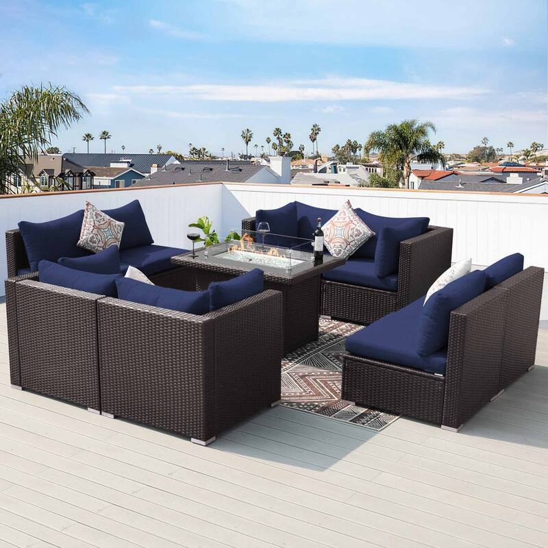 9-Piece Outdoor Brown Wicker Sectional Patio Conversation Set with 43″ Fire Pit Table, Cushion - Navy Blue