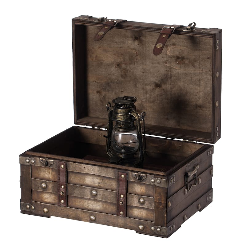 Wooden Brown Storage Trunk with Faux Leather Straps and Handles - Small