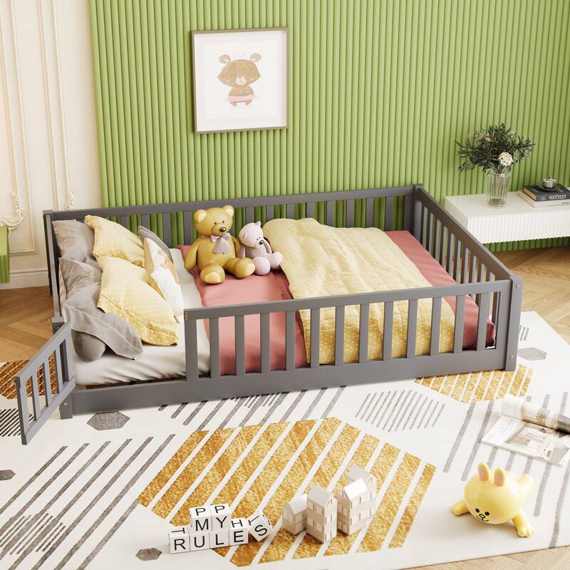 Floor Platform Bed with Fence Guardrails and Door