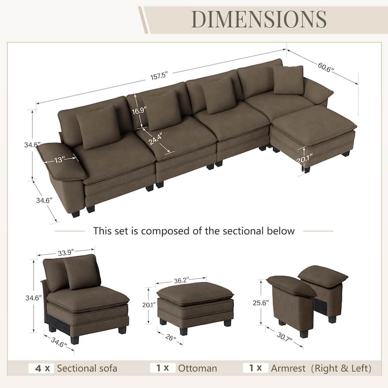MAISON ARTS Modular Cloud Sectional Sofa, Comfy L- or U-Shaped Couch with Ottomans & Pillows, 4–6 Seat Living Room Sofa
