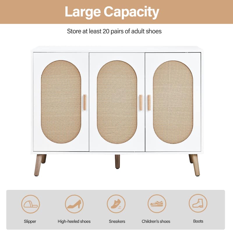 3-Door Shoe Cabinet with White Frame and Oval Rattan Surface Perfect for Home Entry Storage - 44.49"L × 15.75"W × 32.87"H
