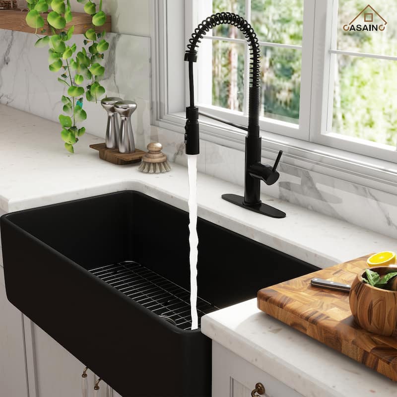 Farmhouse/Apron-Front Single Bowl Fireclay Kitchen Sink with 3-Function Pull-Down Kitchen Faucet, Grid, and Basket Strainer