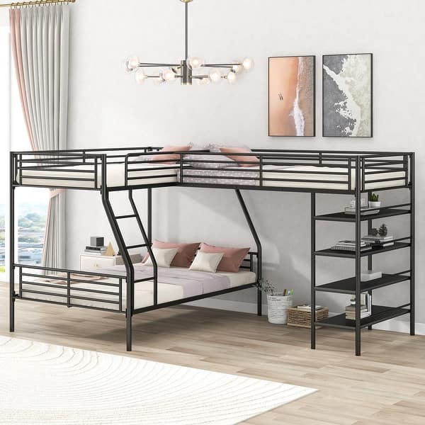 slide 2 of 10, L-Shaped Metal Twin over Full Bunk Bed with Four Built-in Shelves Black