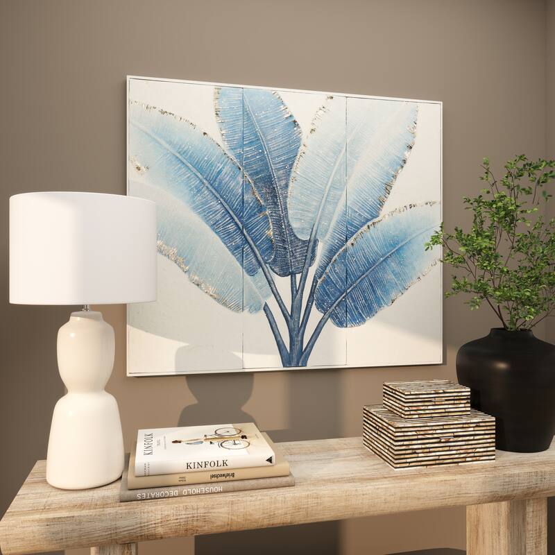 Blue Metal Leaf Palm Tree Home Wall Decor with Gold Foil Accents and White Speckled Details