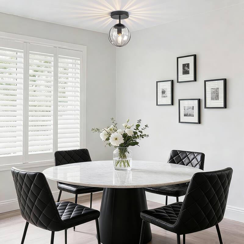 Modern Single Semi Flush Ceiling Light with Metal Base & Ribbed Gray Glass Globe Shade