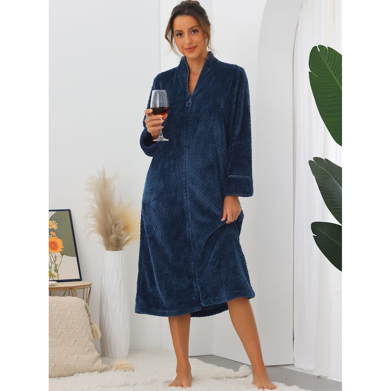 Womens Flannel Warm Cozy Fluffy Long Bathrobe Loungewear Housecoats Zipper Robes - Navy - M