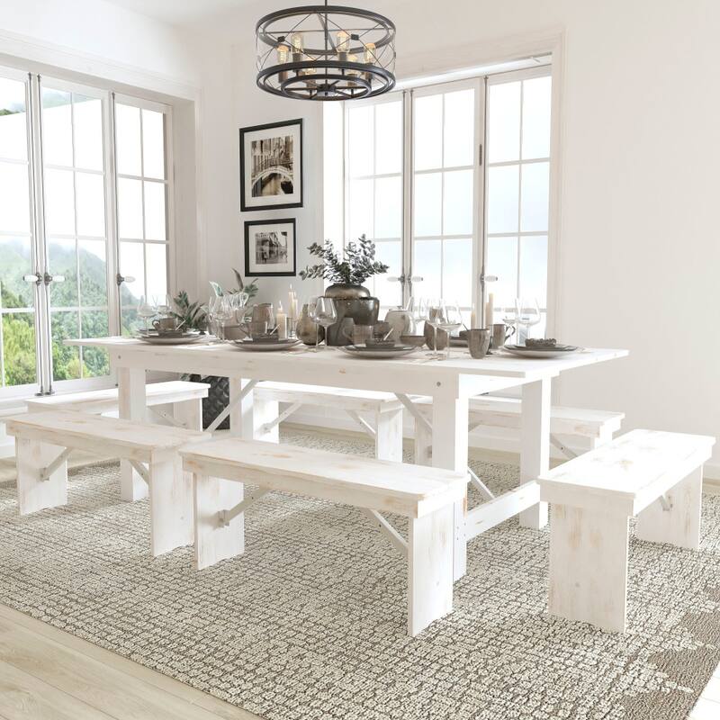 Solid Pine Folding Farm Table Set with 6 Benches