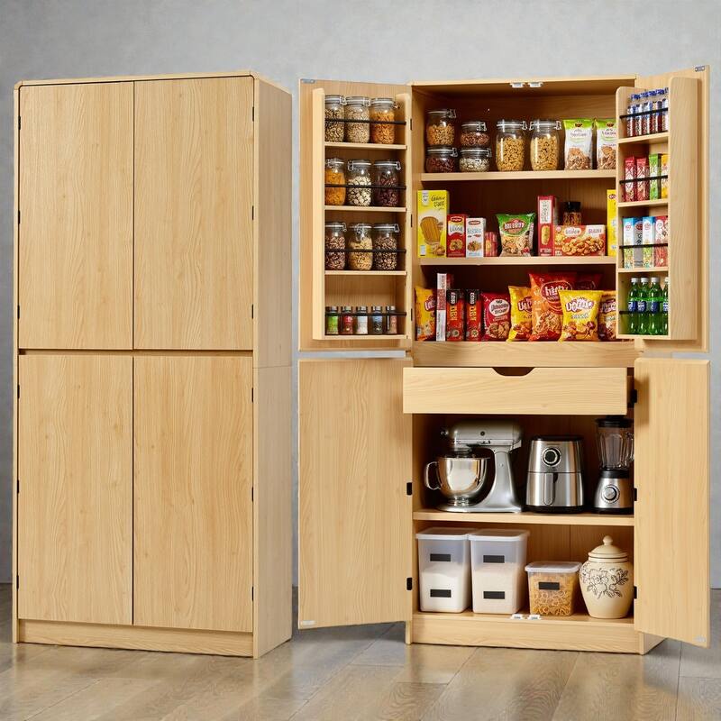 72" Tall Curved Pantry Cabinet with Adjustable Shelves, 8 Door Racks and Hidden Drawer, Farmhouse Storage Cupboard for Kitchen - Natural