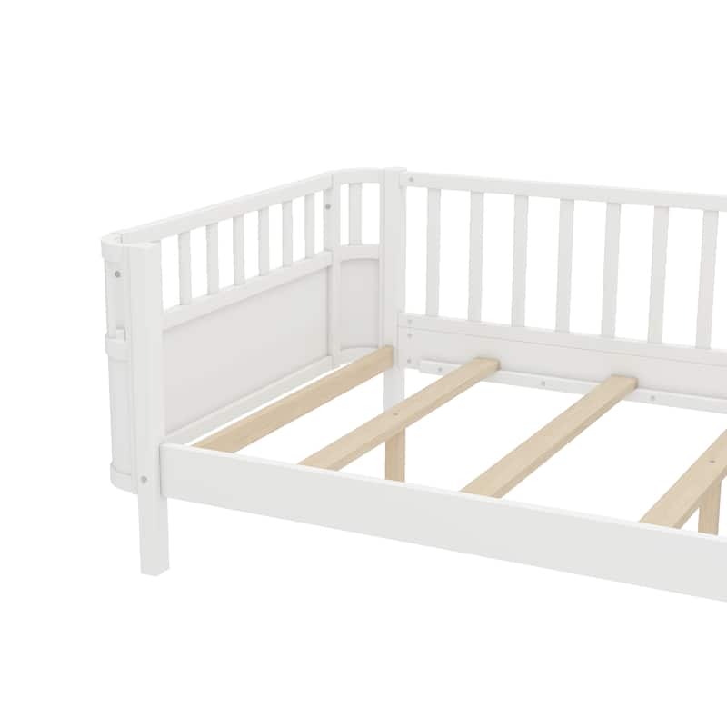Multi Size Low Platform Bed for Kids with Rounded Corners Guardrails, Detachable Right-side Fence and Open Left-side Design