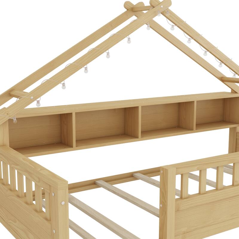 House-shaped Daybed Kids Wood House Bed Montessori Toddler Floor Bed with Roof Shape Storage Bookshelves and Light