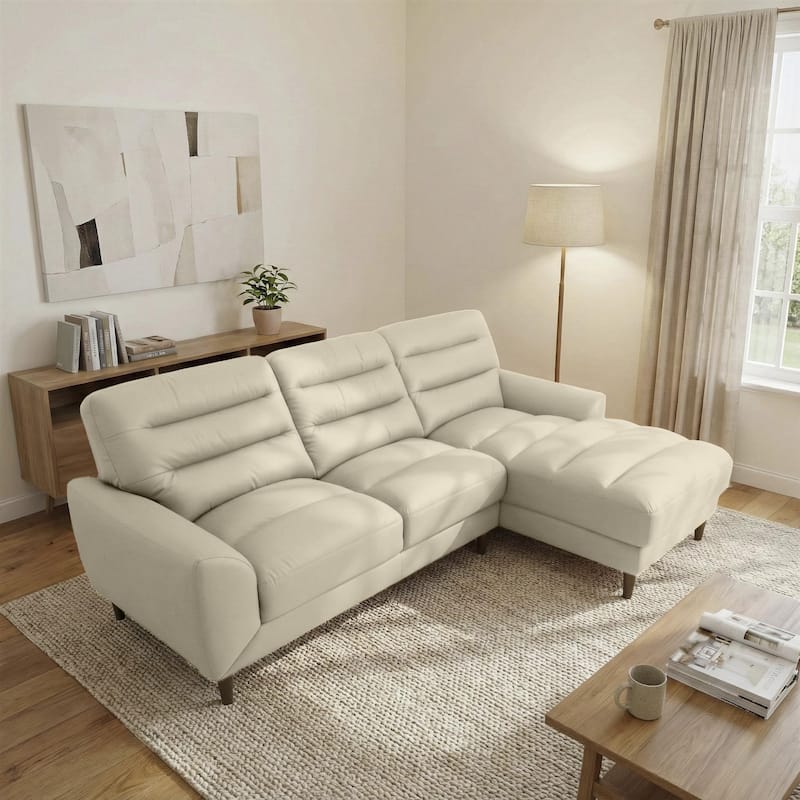 Chandler Genuine Leather Sectional Sofa with Padded Arms - Cream Leather