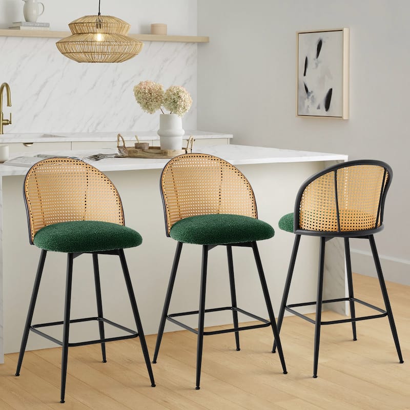 26-Inch Swivel Counter Height Bar Stools with Rattan Back - 36"H x 18.5"W x 19.7"D - Set of 3 - Fabric-Green