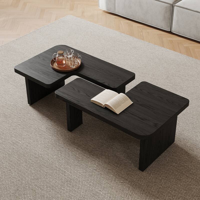 Modern Wood Coffee table, Mid Century Wood Side Table for Living Room, 2 Pieces
