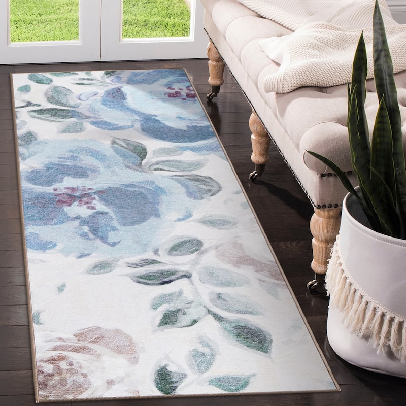 My Magic Carpet Sasha Floral Cream Blue Machine Washable Rug On Sale