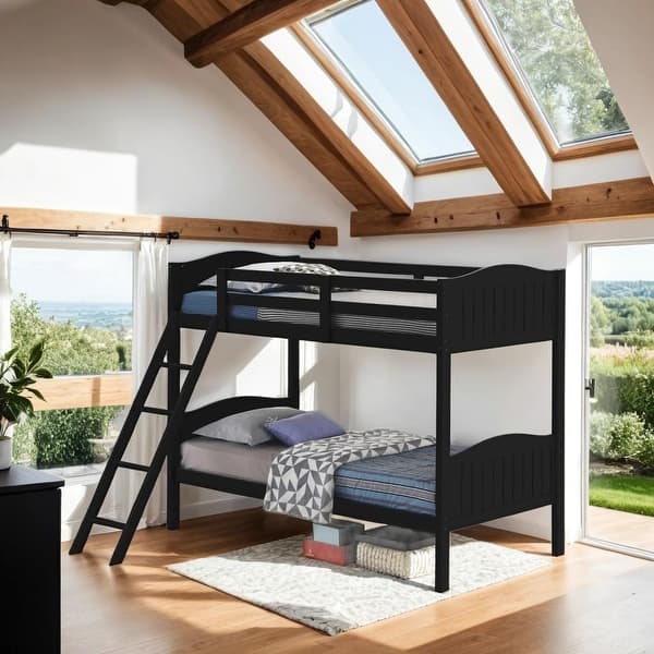 slide 2 of 6, Elegant Twin over Twin Bunk Bed with Camelback Headboard, Angled Ladder, Guardrails & Mission-Style Design, Black Black