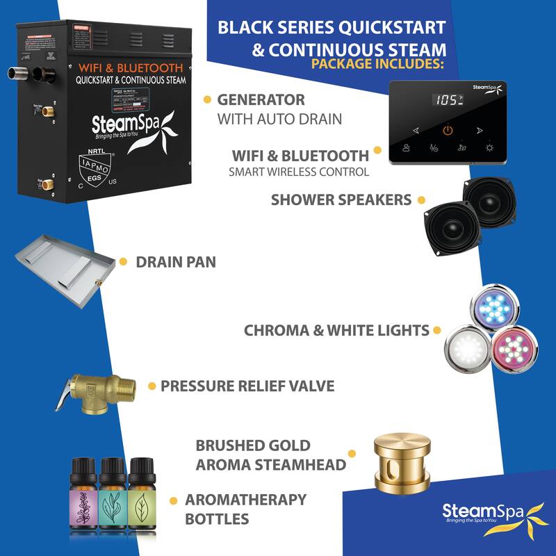 Black Series Steam Bath Generator with Fully Wireless Remote, BLUETOOTH, WIFI, and Auto Drain - 7.5 KW