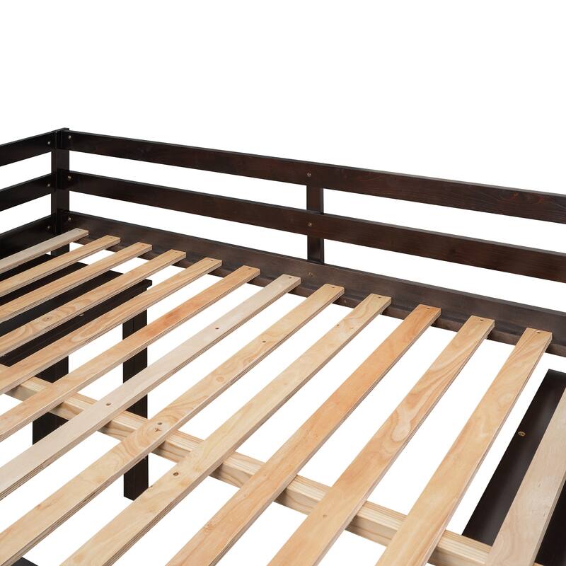 Low Loft Bed with Cabinet Shelves and Rolling Portable Desk