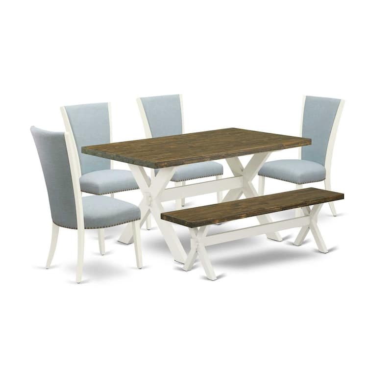 HomeStock 6-Piece Rectangle Distressed Jacobean Finish Solid Wood Top Dining Table with 1-Bench, 4-Chairs