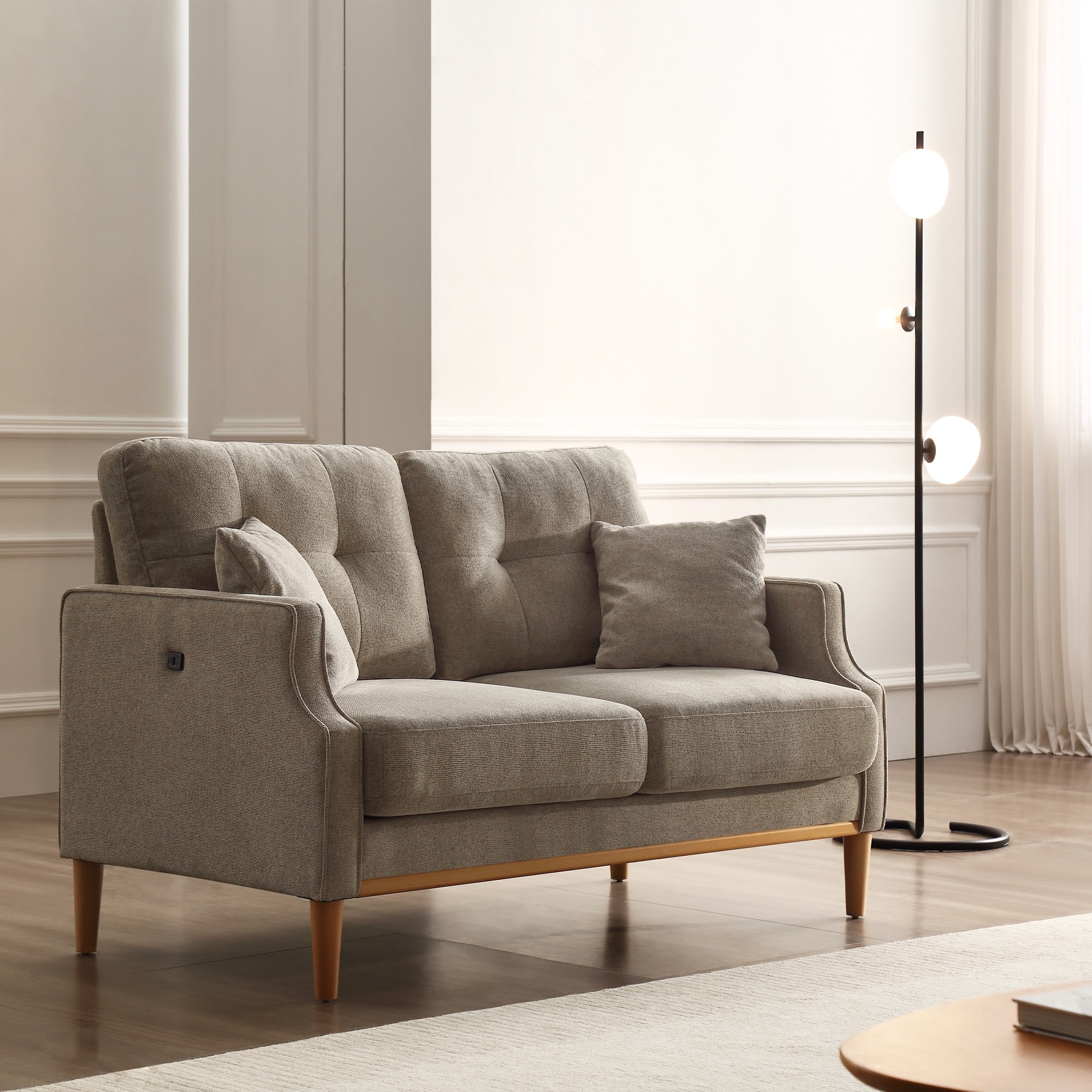 Loveseat Sofa with Button Tufted Back, Upholstered Armsofa, Minimalist 2 Seater Couch with Two Pillows for Bedroom