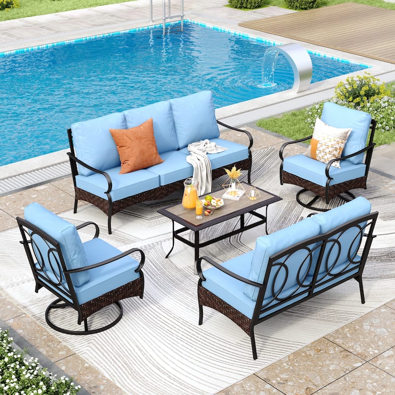 MAISON ARTS Modern Outdoor Patio Furniture Set with Waterproof Cushions - 5-Piece Wicker & Metal Conversation Set - Swivel Chair - Blue