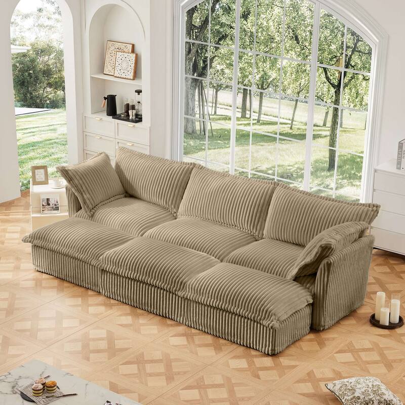 Modern 3-seater upholstered sofa with 3 ottomans and 2 pillows