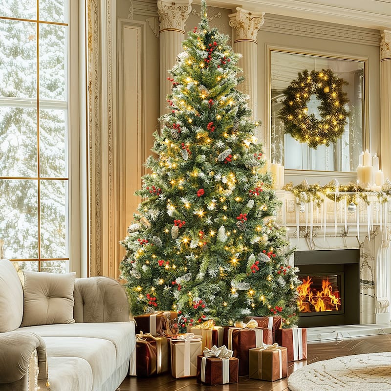 6/7.5/9 FT Pre-Lit Frosted Pine Artificial Christmas Tree with LED Lights - 7.5 Foot