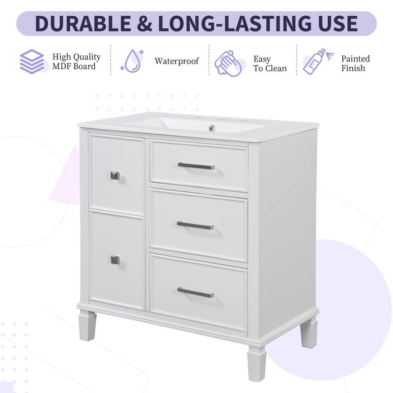 30" Bathroom Vanity with Ceramic Sink, Flip-Out Drawer, Soft Close Doors & Drawers Cabinet with Solid Wood Legs