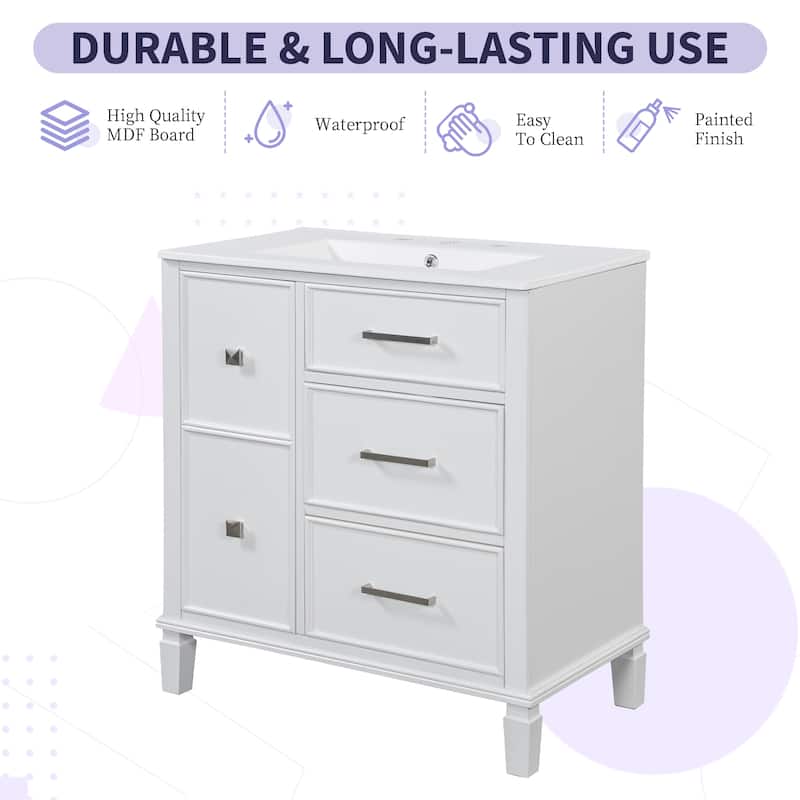 30 Inch Bathroom Vanity with Ceramic Sink, Flip-Out Drawer Design for Plumbing, Soft Close Drawers