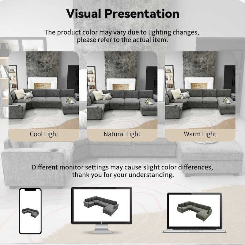 119" Modern Oversized Chenille U-shaped Sectional Sofa with Chaise Lounge with Cup Holders for Living Room