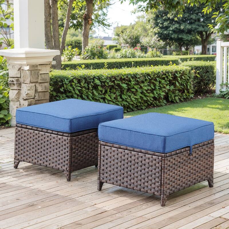 2 Pieces Patio Rattan Ottomans with cushions - Brown - Blue