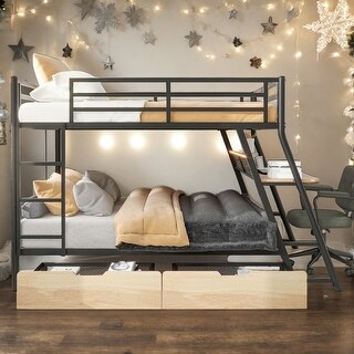 Modern Full Size Metal Bunk Bed With Built-in Desk,Light And 2 Drawers,Sturdy Frame,For Bedroom