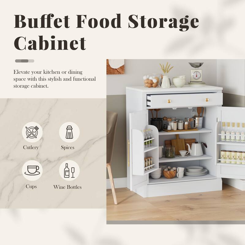 35.4" Freestanding Coffee Bar Cabinet with Drawer, 2 Adjustable Shelves, Faux Marble Countertop, White MDF Pantry