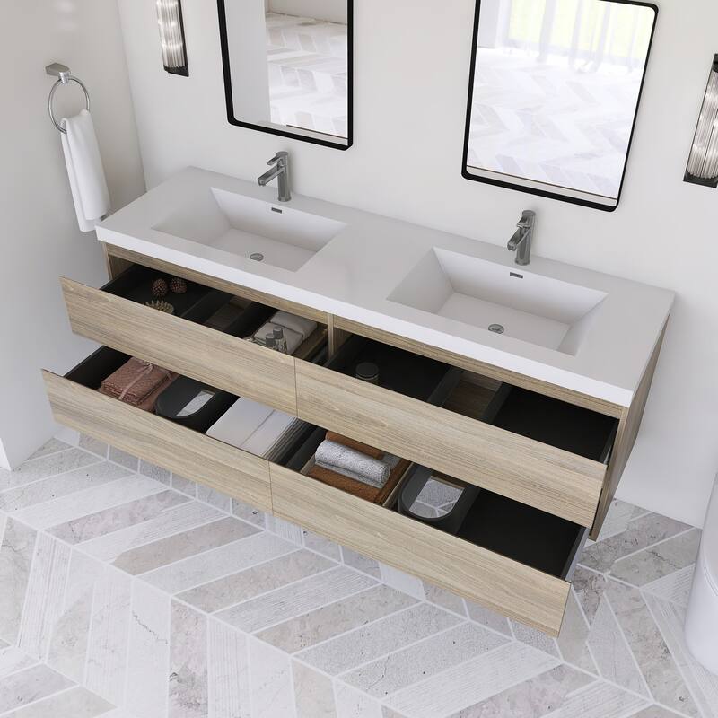 Modern Wall-Mounted Bathroom Vanity with White Solid Surface Top
