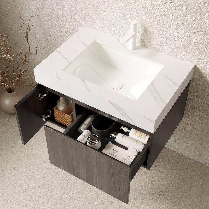 Floating Bathroom Vanity with Sintered Stone Top and Undermount Ceramic Basin