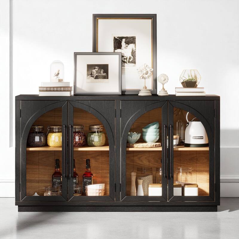 60" 4-Door Arched Sideboard Buffet Cabinet with Glass Doors and Adjustable Shelves, Retro Oak Veneer Console - Black