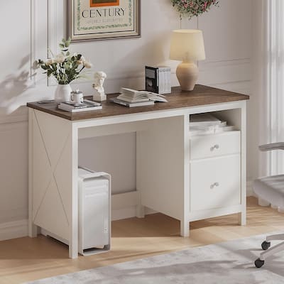 47" Farmhouse Wood Writing Desk With Drawers, Home Office Desk with Charging Station, 2 Storage Drawers and Open Shelf