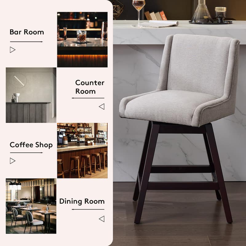 2-Pack Swivel Bar Stools - 360° Rotating Solid Wood and Fabric Stools with Comfortable Cushion