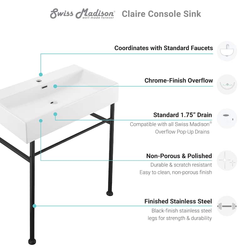 Claire 30" Console Sink White Basin Black Legs