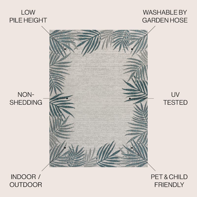 JONATHAN Y Beckett Coastal Cottage Palm Frond Border Blue/Cream Indoor/Outdoor Area Rug