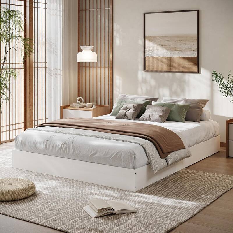 Space-Saving Sturdy Floor-Standing Platform Bed Frame, No Box Spring Needed, White - King