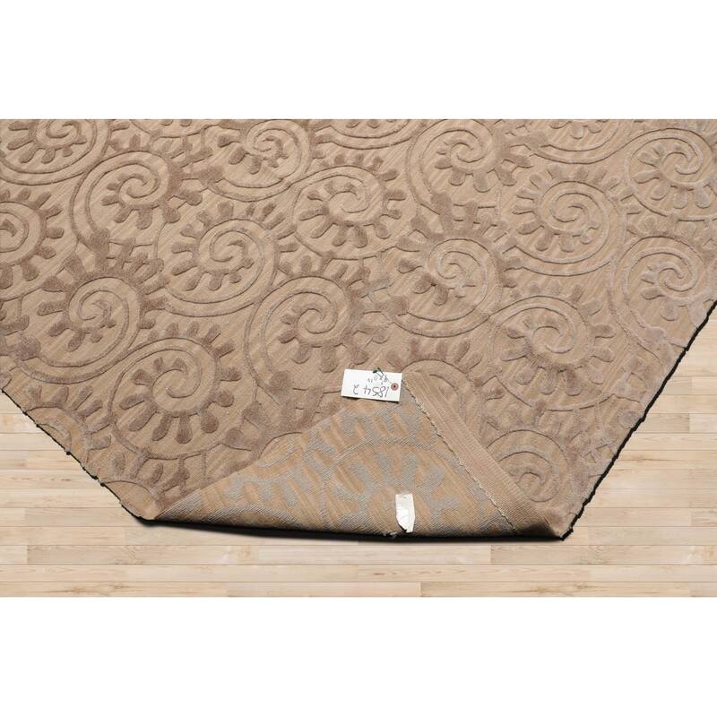 Hand Woven French Aubusson Tan Floral Wool & Silk Modern Area Rug - 9' 2'' x 11' 10''
