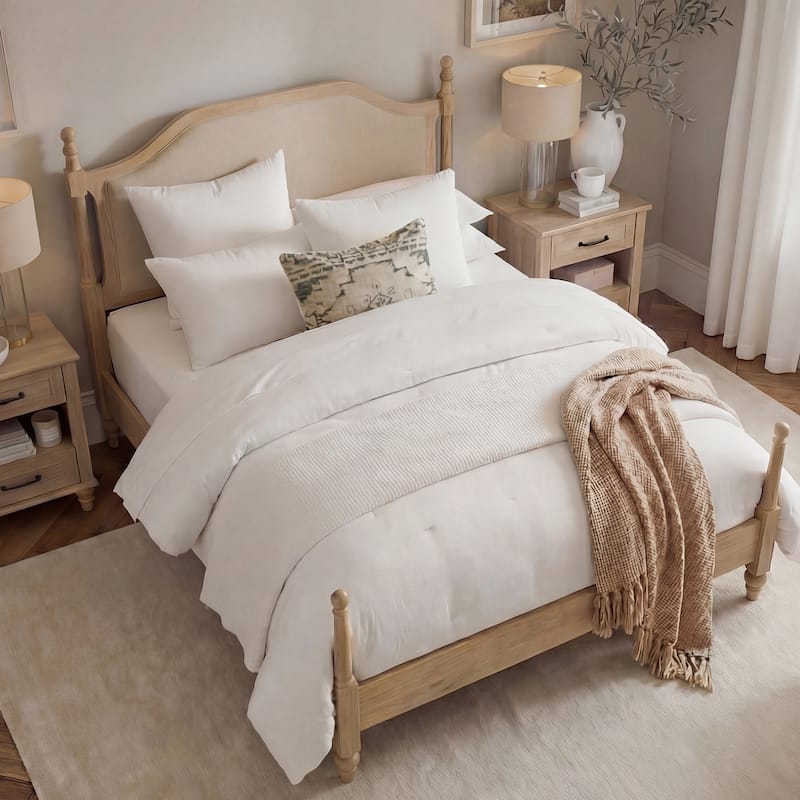 Queen Size Bed Frame With Headboard, Wooden Slat Support, Oak