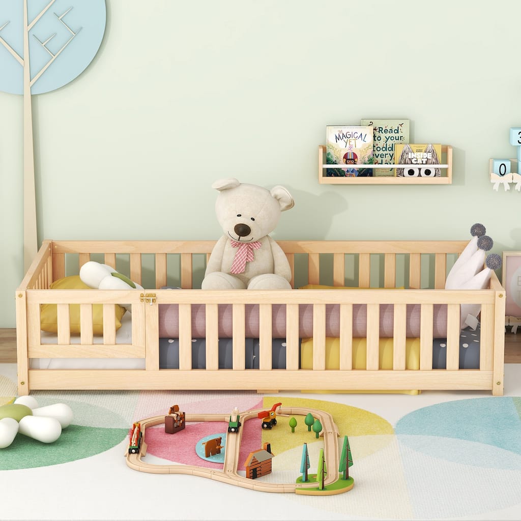 Twin Size Floor Bed with Door & Fence, Wooden Montessori Bed for Kids