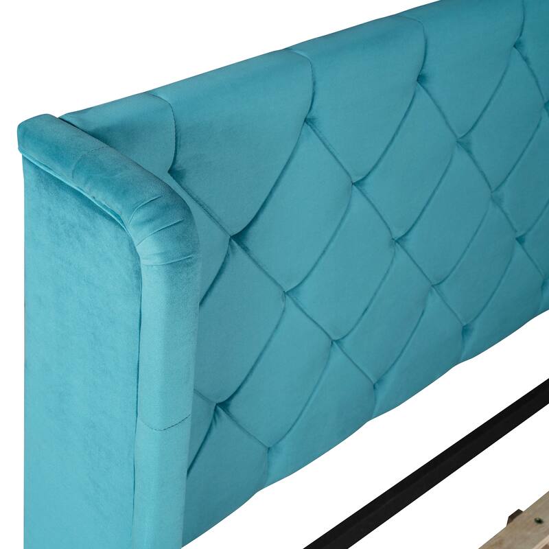 Velvet Queen Platform Bed with Wingback & Drawers