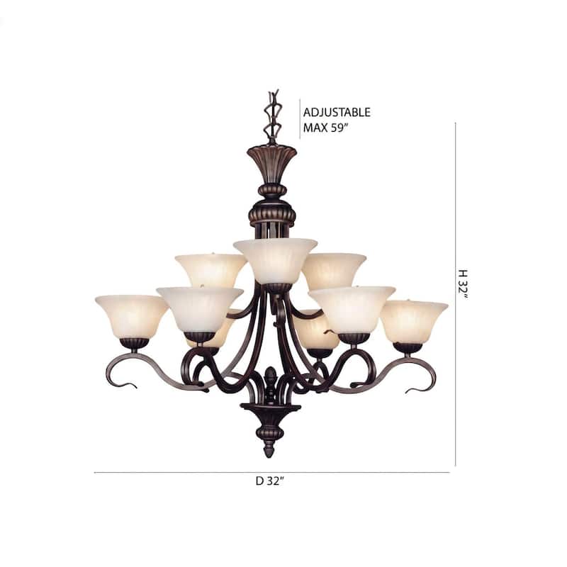 9-Light Bronze Chandelier With White Glass Shades