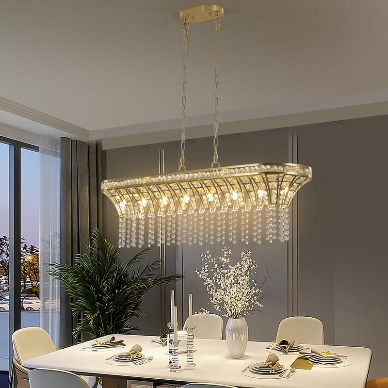 Glam Gold Metal Linear/Drum Crystal Chandelier for Kitchen Island ,Dining Room
