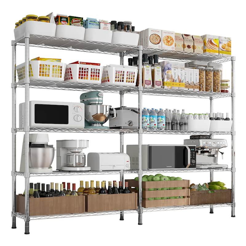 Expandable 5-Tier Chrome Finish Metal Storage Rack with Adjustable Shelf for Home and Office - 147×35×150cm