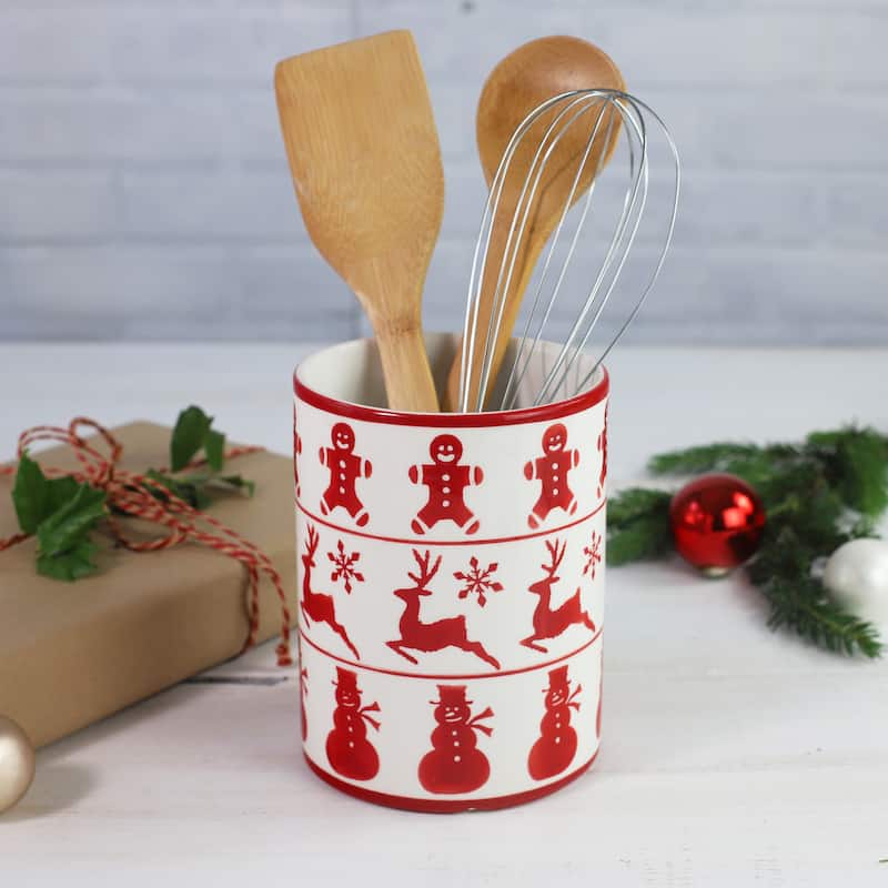 Euro Ceramica Winterfest Utensil Holder - 4.72 in. x 4.72 in. x 6.22 in. - White/Red - 1 Piece