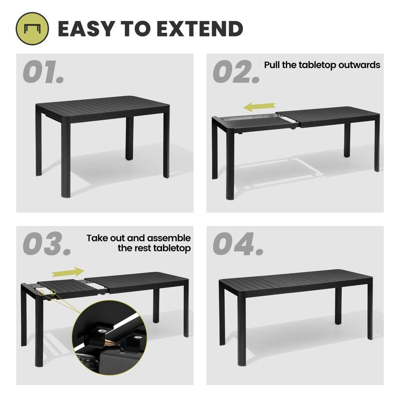 Outdoor Patio Expandable Rectangular Aluminum Dining Table - 29.92" H x 46.06"/63.78" W x 27.56" D